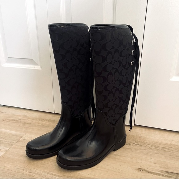 COACH Tristee Lace Up Corset Tall Rain Boots Black Sz 9B - Picture 1 of 8